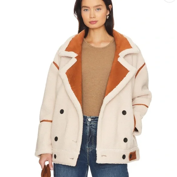 Blank NYC Pick Me Cream & Brown Faux Fur Sherpa Teddy Jacket Coat Sz Medium NWT - Picture 6 of 15